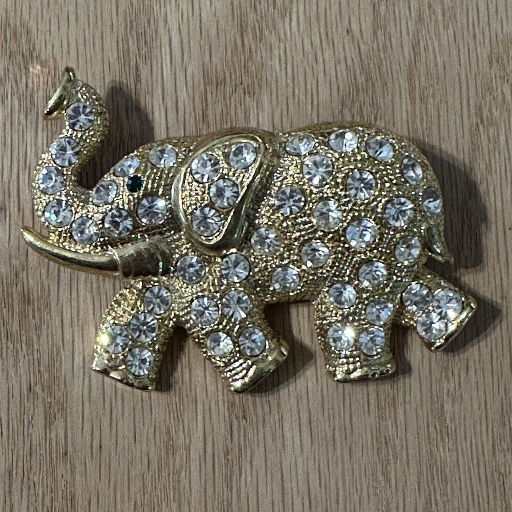 Vintage 3” Gold tone rhinestone elephant brooch pin / Necklace Pendant Trunk Up